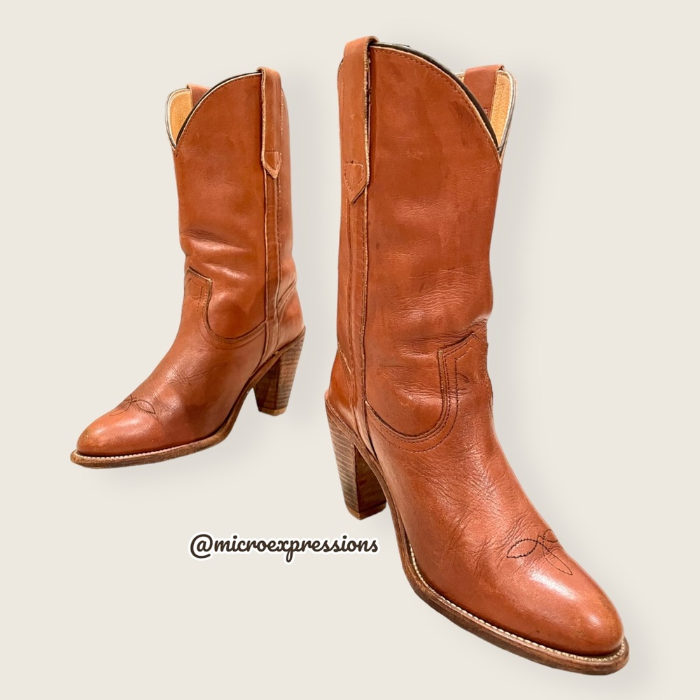 VINTAGE 1980's Frye Pull On Cognac Brown Leather Cowgirl Southern Heeled Boot - Picture 5 of 14
